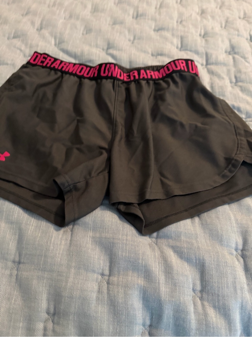 Under Armour Women's Black Athletic Shorts with Pink Logo Waistband